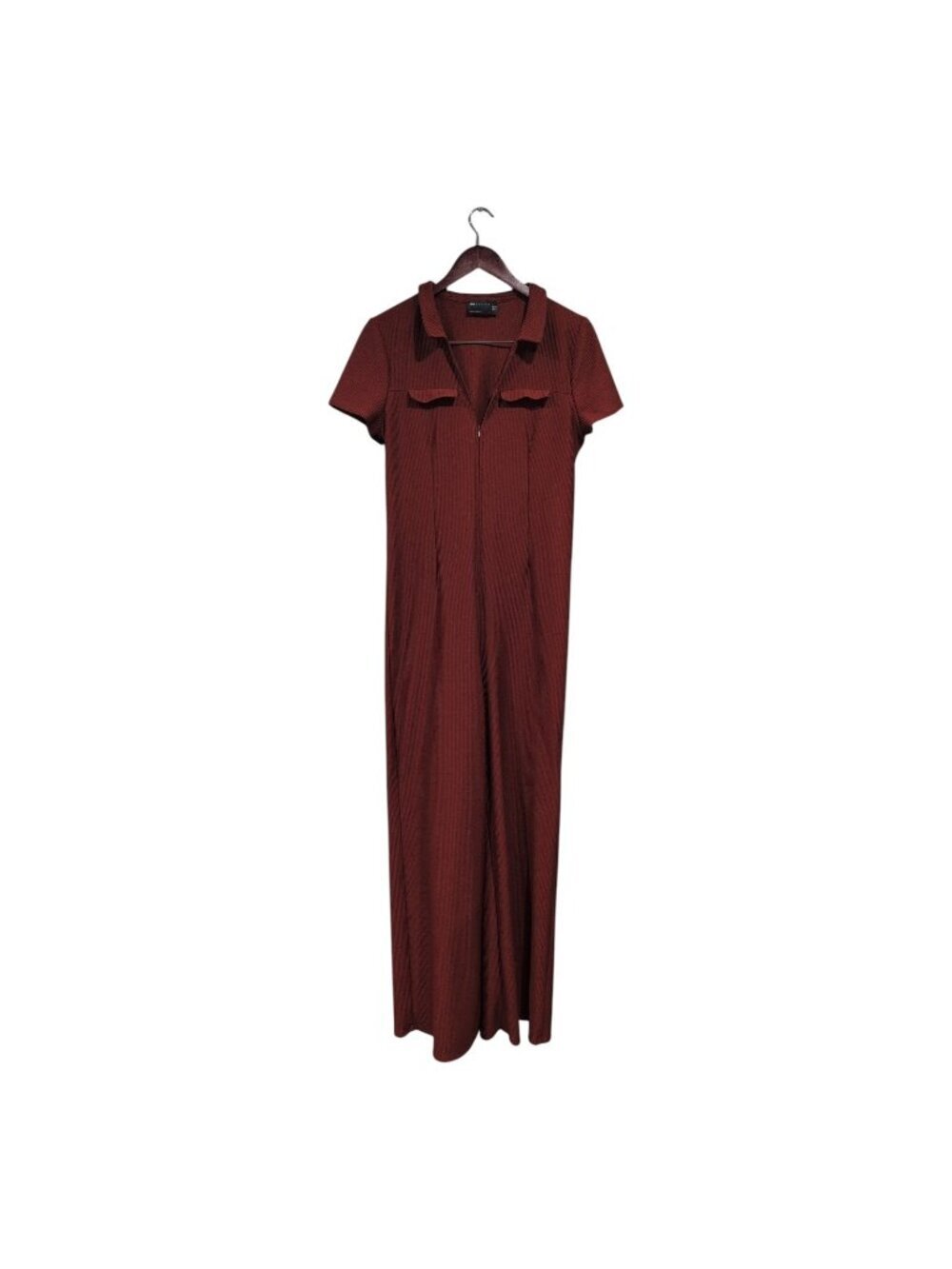 Asos Design Flare Collared Burgundy Rust Jumpsuit V-Neck Zip Ribbed Knit Sz 12